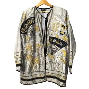 Vtg. J.A. Resort Silk Beaded Fan Jacket Womens Medium Pre-Owned 100% Silk Silver